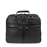 A black vegan leather 16" Verona Laptop laptop tote or briefcase w/ Padded poly-fur lined pockets for both laptop & tablet, Multiple pockets, Tartan cotton-twill lining, accessory organizer, 3 separate top zipper storage sections & Matching accessory clutch.