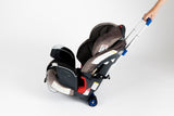 A Mini Travelmate solution attachment for convertible / toddler car seats, wide wheels & telescopic handle w/ baby car seat attached.