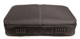 A bottom view of A black 16" Select Nylon Laptop Briefcase w/ Ballistic Nylon exterior showing Shock absorbing rubber feet protect the bottom of the case