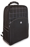  A professional black 17" Sumo Traveler Laptop Backpack w/ white stitching, ballistic nylon w/ faux leather bottom & accents, Padded corduroy computer compartment fits up to 17” laptops, multiple pockets for accessories & files.