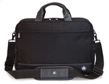 A black 16" Sumo Pro Laptop Briefcase w/ white stitching & removable shoulder strap, center mounted, computer compartment that will hold up to a 17” MacBook Pro or 16" PC laptops & multiple pockets for accessories & files.