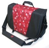 A black & red 16"-17" Sumo Messenger Bag w/ pockets, adjustable computer compartment for up to 16" PC or 17” MacBook Pro. Corduroy-lined adjustable computer compartment fits up to 17” laptops Interior pockets, Front & rear exterior hidden zipper pockets, 2 under flap pockets.