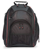 A black 16"-17" EVO Laptop Backpack w/ red trim, sixteen interior & exterior pockets. Mesh padded back-panel & shoulder straps & ruggedized bottom panel