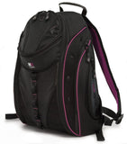 A black & lavender 16" Express Laptop Backpack 2.0 w/ mesh pockets & silver trim. Padded laptop or tablet pockets & multiple pockets inside.