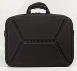 A back view of black high density nylon 17" Alienware Vindicator 2.0 Laptop Briefcase w/ alien logo, padded tablet pocket, padded laptop compartment, removable non-slip padded shoulder strap & top load nylon carrying handles