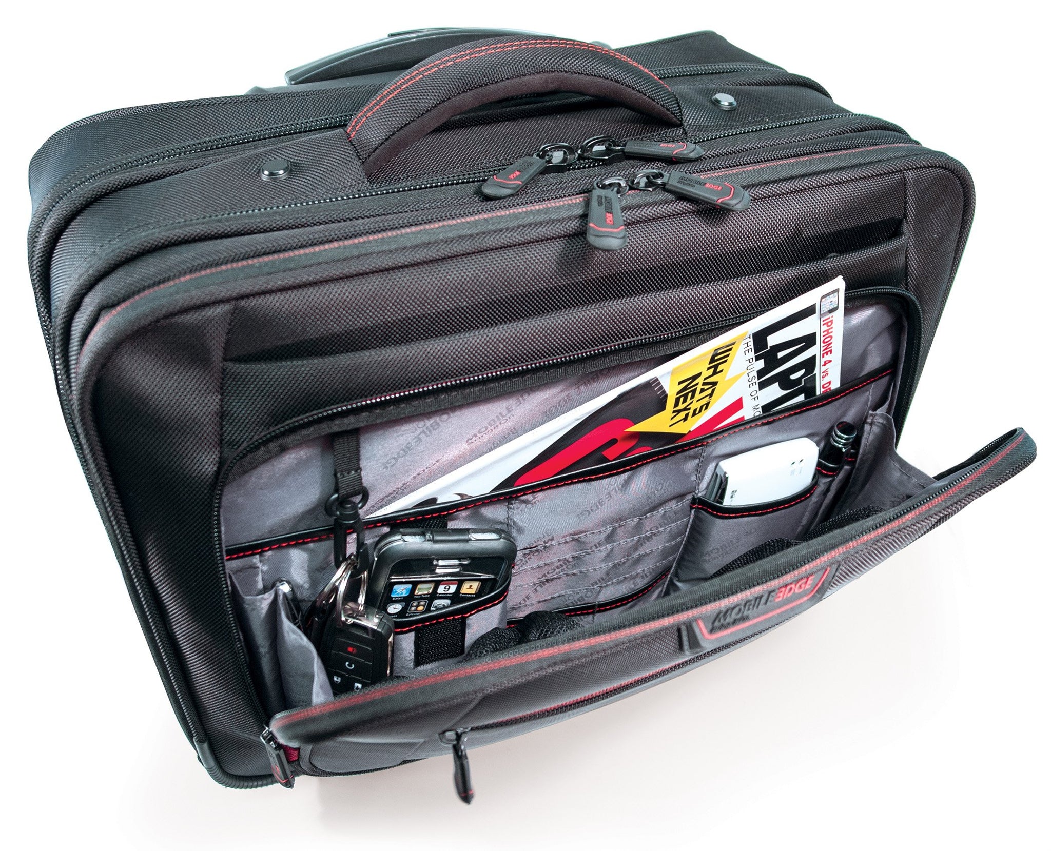 An open black 13"-17.3” Professional Rolling Laptop briefcase made from ballistic nylon. Includes 5-stage telescoping handle, a padded top carry, in-line skate wheels, trolley strap for stacking on other luggage. Also has adjustable, padded laptop compartment, separate fleece lined pouch for an iPad, tablet or e-reader, a large file section, oversized compartment & zippered front organizer section.