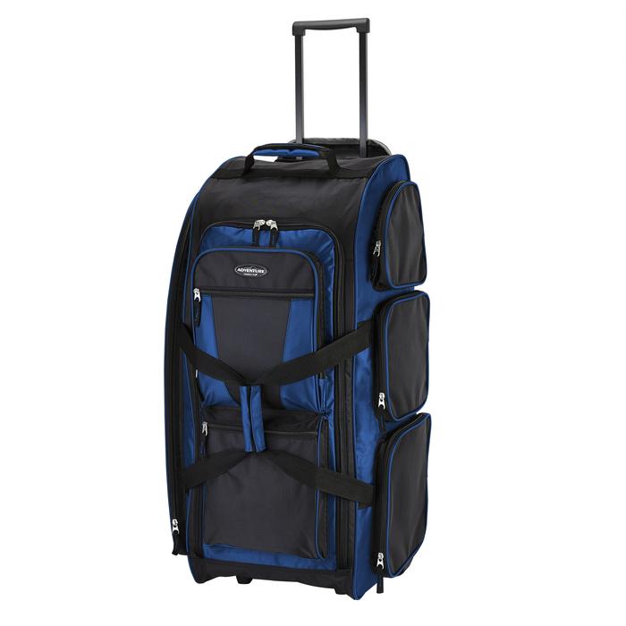 A blue 30" rolling upright multi-pocket duffel.